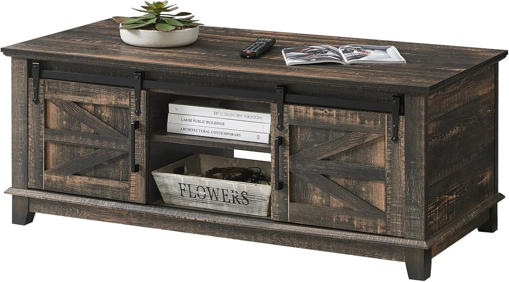 AMERLIFE Farmhouse Coffee Table with Sliding Barn Doors & Storage Cabinet for Living Room, 48' Modern Center Table, Adjustable Shelves, Rustic Oak Black