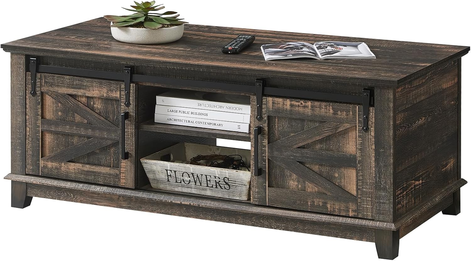 AMERLIFE Farmhouse Coffee Table with Sliding Barn Doors & Storage Cabinet for Living Room, 48' Modern Center Table, Adjustable Shelves, Rustic Oak Black