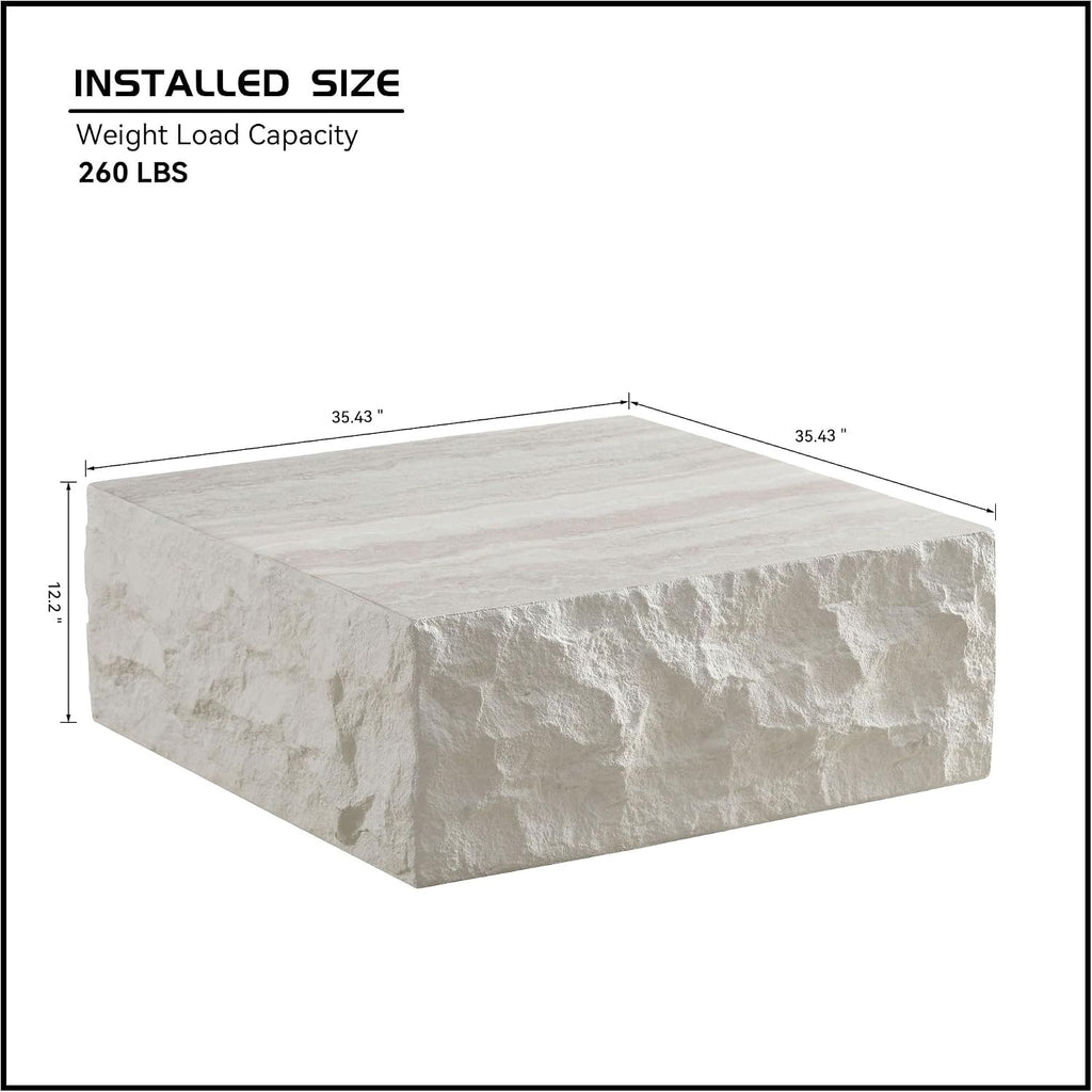 35.43' Marble Travertine Pattern Square Coffee Table for Living Room, Modern Minimalist Center Side End Table for Living Room, Apartment, Office, Marble Stone Shape, No Need Assembly