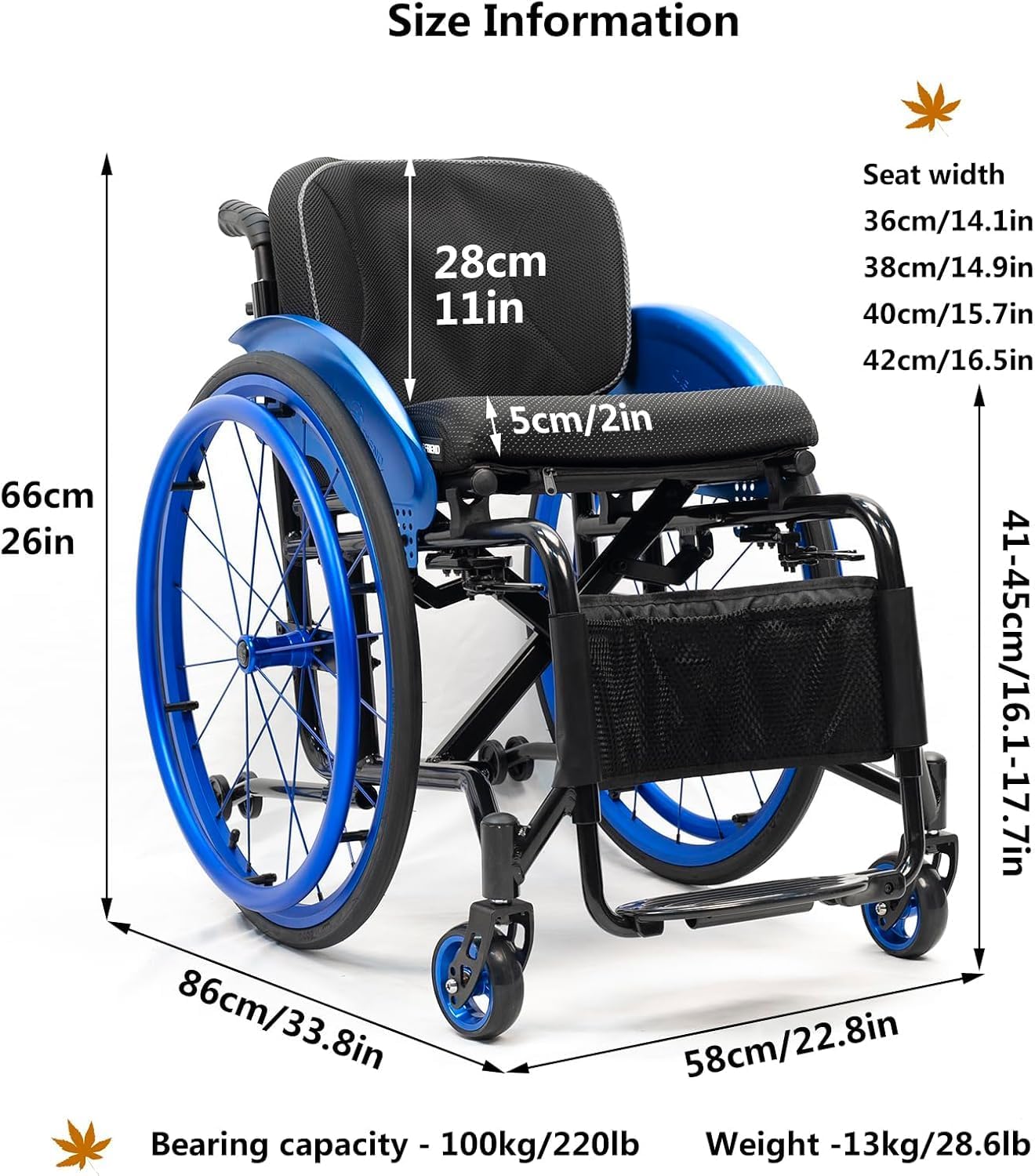 Wheelchairs for Adults,Sports and Leisure Wheelchairs,Portable Manual Wheel Chair,Folding All-Terrain Ultra Lightweight Wheelchair,Self-propelled Transport Wheelchairs(Seat Width 36cm/14.1in,Blue)