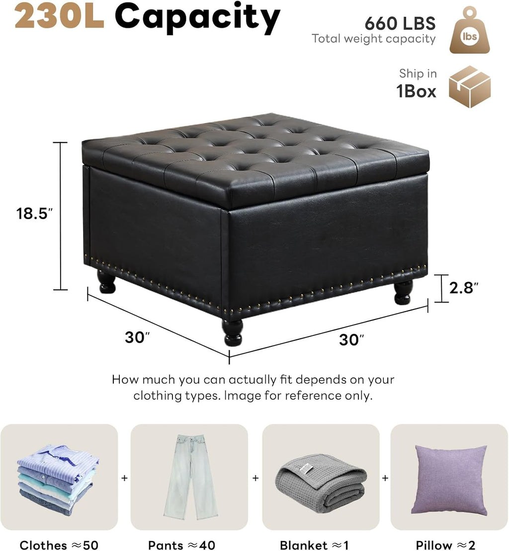 Tbfit 30' Large Square Ottoman Coffee Table with Storage, Oversized Tufted Upholstered Ottomans Bench with Solid Wood Legs for Living Room, Dorm, Leather Foot Stool for Couch Sofa Toy Box, Black