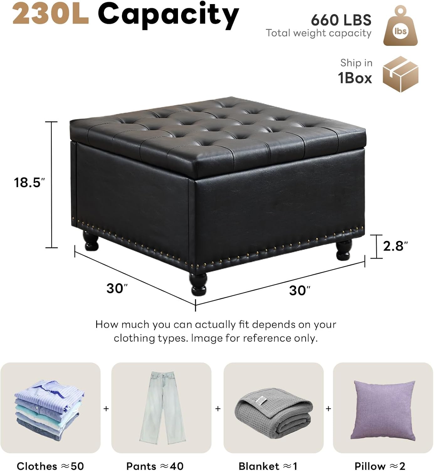 Tbfit 30' Large Square Ottoman Coffee Table with Storage, Oversized Tufted Upholstered Ottomans Bench with Solid Wood Legs for Living Room, Dorm, Leather Foot Stool for Couch Sofa Toy Box, Black