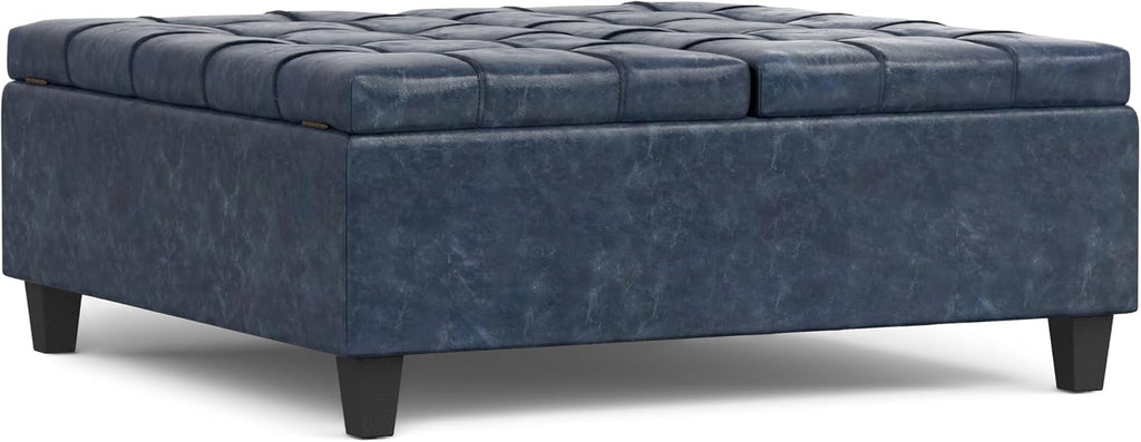 SIMPLIHOME Harrison Large Coffee Table Storage Ottoman - 40 inch Wide Upholstered Vegan Leather Square Lift-Top Ottoman in Denim Blue, Transitional Bench for Living Room with Sturdy Base