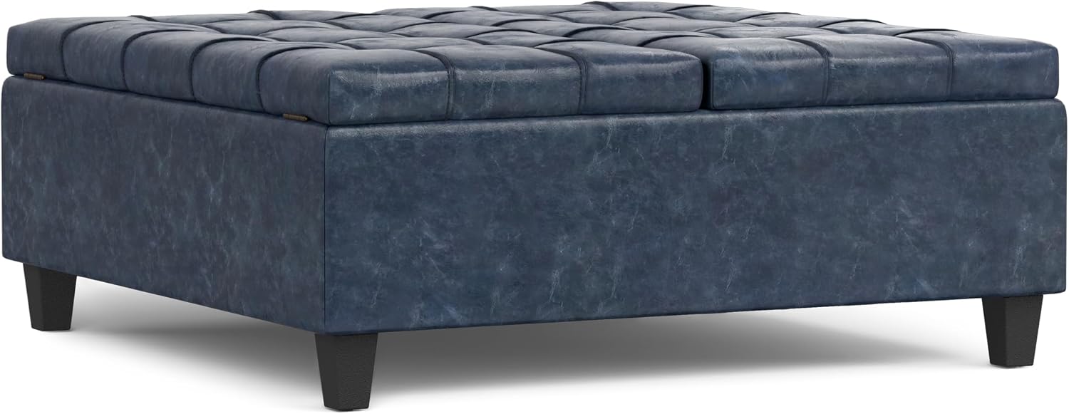 SIMPLIHOME Harrison Large Coffee Table Storage Ottoman - 40 inch Wide Upholstered Vegan Leather Square Lift-Top Ottoman in Denim Blue, Transitional Bench for Living Room with Sturdy Base
