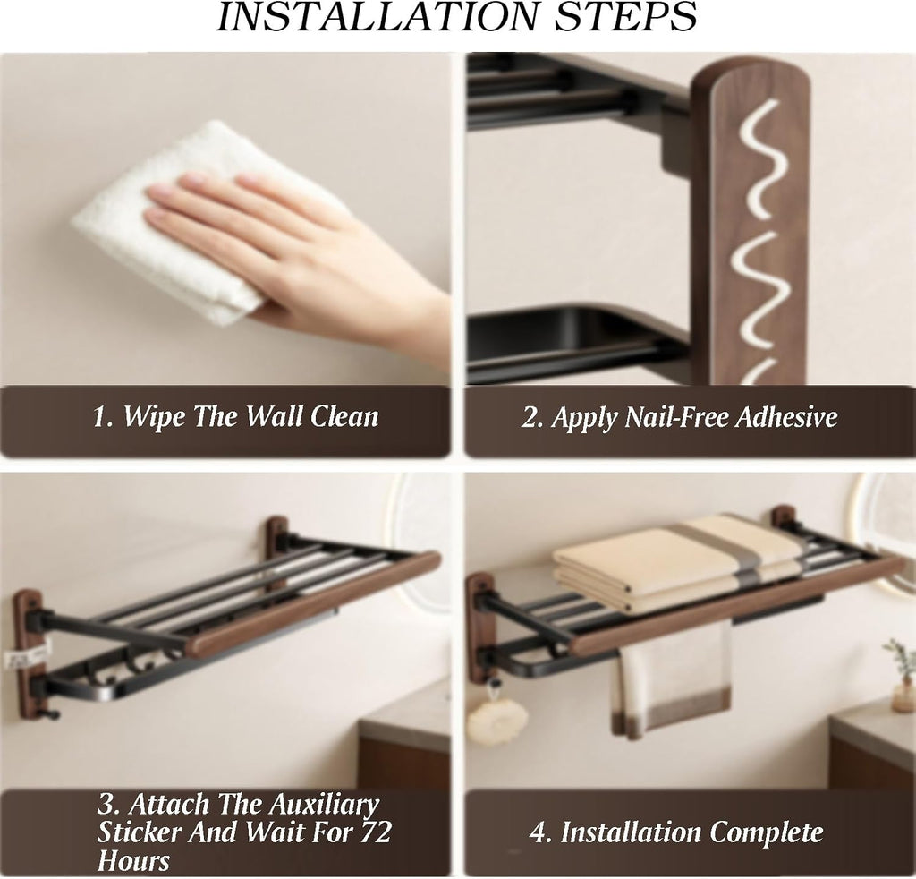 Wall Mounted Towel Rack,Over Toilet Storage with Towel Bar,Space Aluminum+Wood,Double-Folding Design,for Livingroom Bathroom(L-60cm)