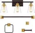 JONATHAN Y JYL1500B Arlo 22.88' 3-Light Vintage Classic Vanity Light with Bathroom Hardware Accessory Set, Oil Rubbed Bronze/Gold Painting (5-Piece) - Towel Bar & Ring, Toilet Paper Holder, Robe Hook