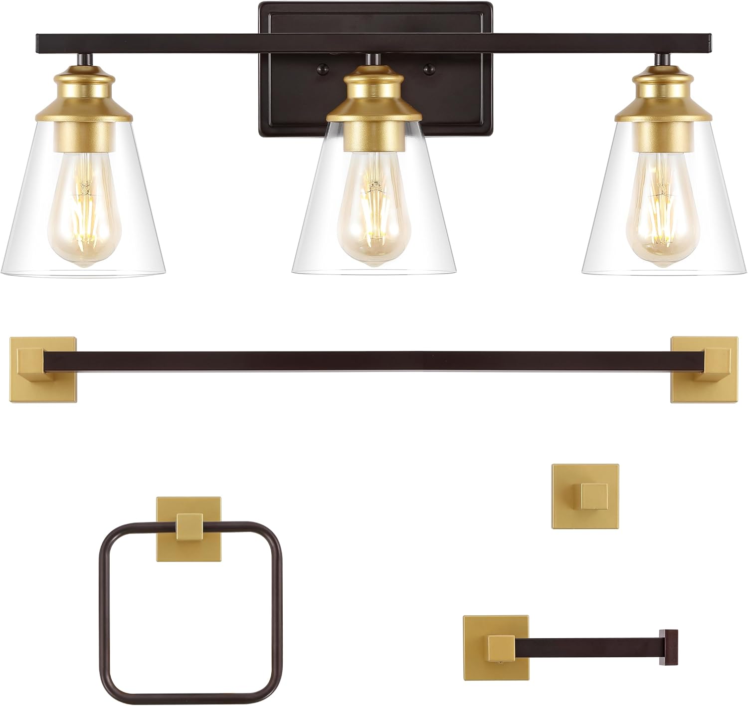 JONATHAN Y JYL1500B Arlo 22.88' 3-Light Vintage Classic Vanity Light with Bathroom Hardware Accessory Set, Oil Rubbed Bronze/Gold Painting (5-Piece) - Towel Bar & Ring, Toilet Paper Holder, Robe Hook