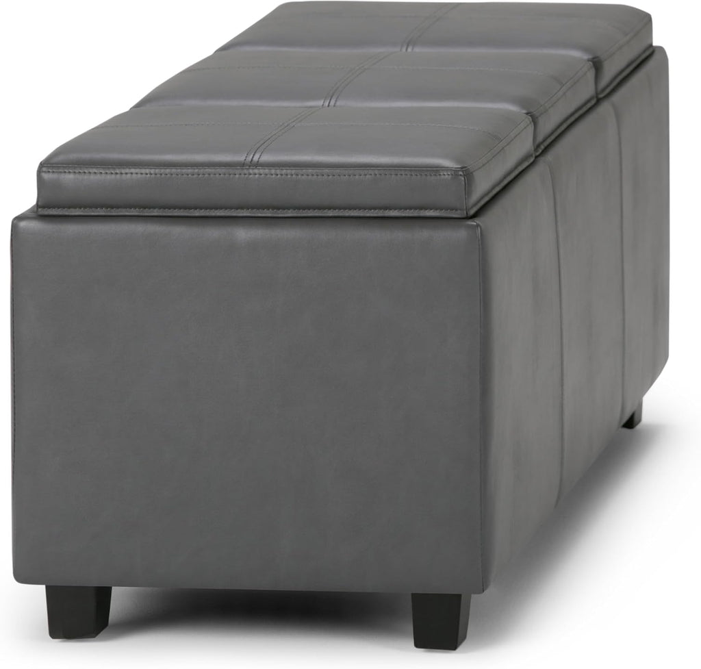 SIMPLIHOME Avalon Storage Ottoman - 42 inch Wide Upholstered Vegan Leather Rectangular Flip-Top Ottoman in Stone Grey, Contemporary Coffee Table Ottoman for Living Room with Hidden Storage