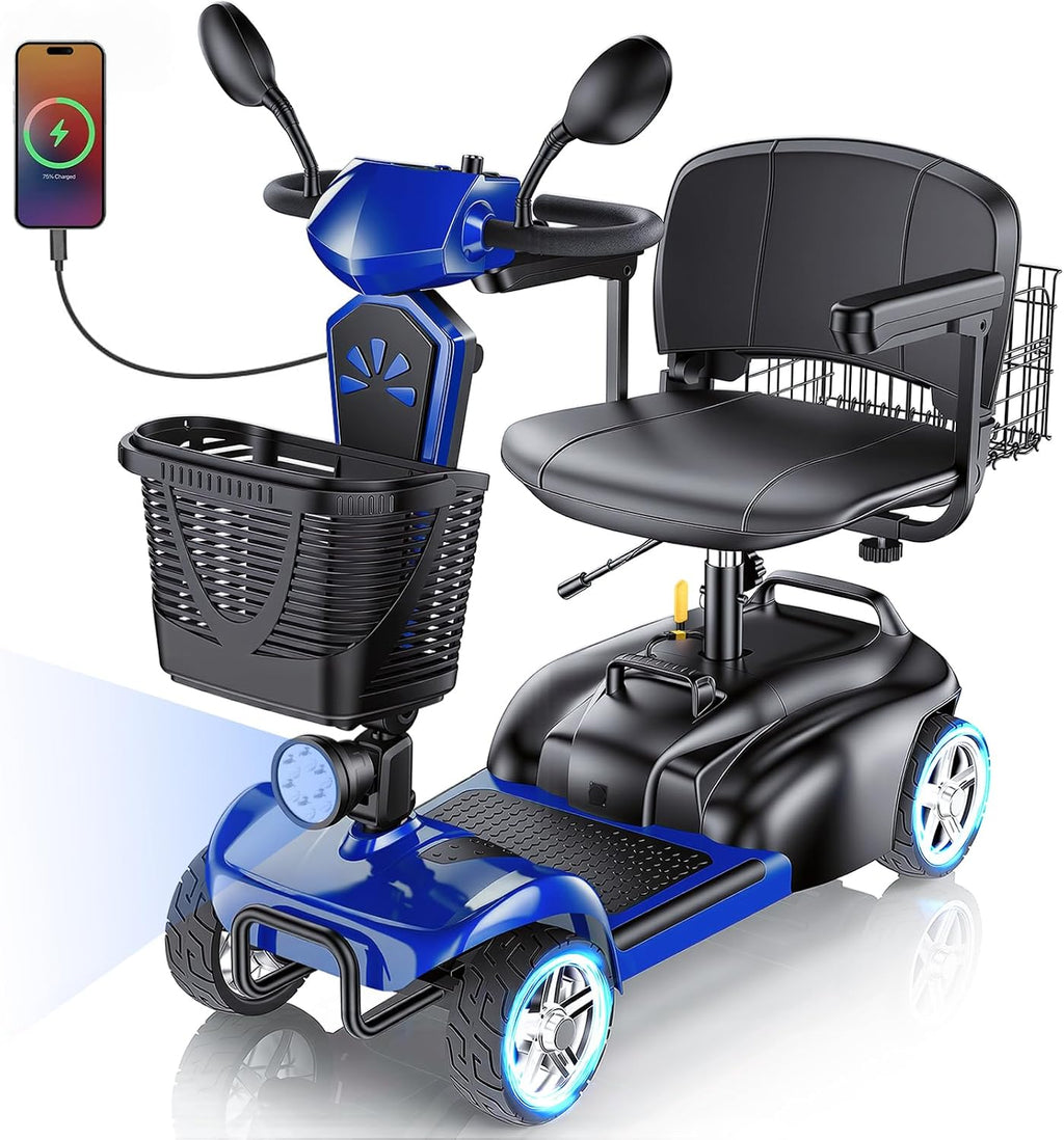 15/25/30/50Miles Eldryvon 4 Wheels Electric Mobility Scooter for Seniors, Dual Basket, 350W Powered Wheelchair with Rotating Seat, Mirrors, Foldable Motorized Scooter for Adults (Blue, 25Miles)