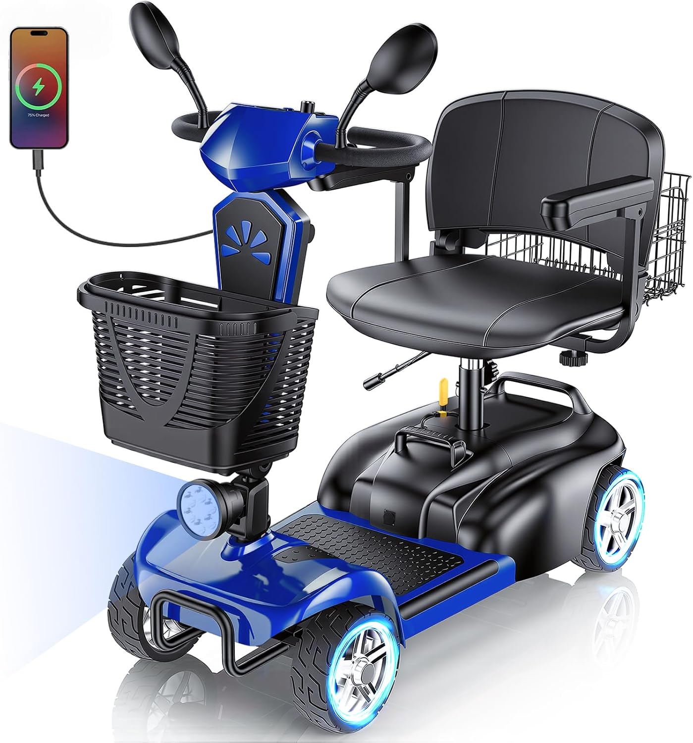 15/25/30/50Miles Eldryvon 4 Wheels Electric Mobility Scooter for Seniors, Dual Basket, 350W Powered Wheelchair with Rotating Seat, Mirrors, Foldable Motorized Scooter for Adults (Blue, 25Miles)