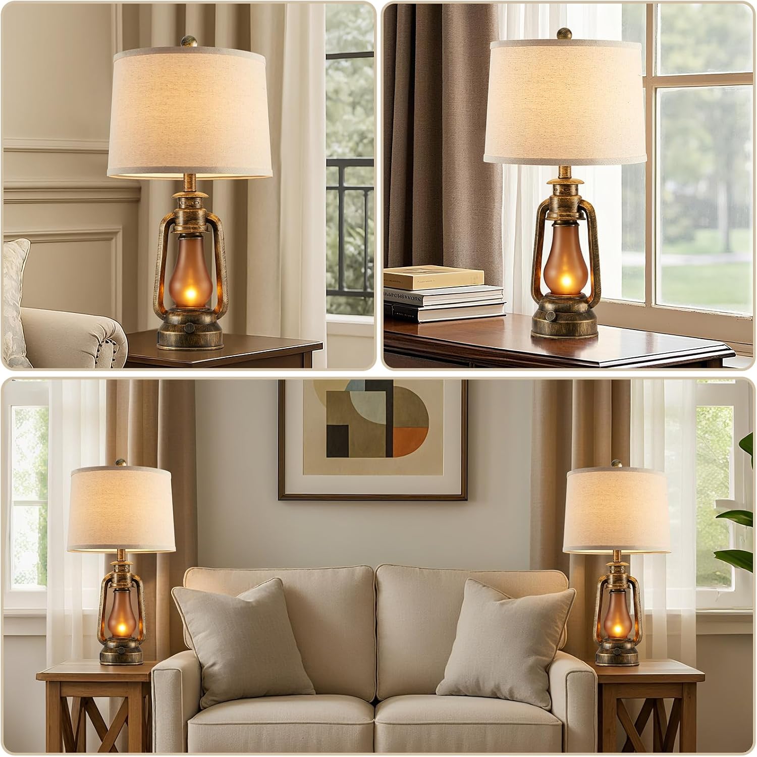 25' Set of 2 Rustic Lantern Table Lamps for Living Room Bedroom, 2 USB Ports Farmhouse Vintage Bedside Desk Lamp Nightlight for Entryway Office End Table, 4 Bulbs Included