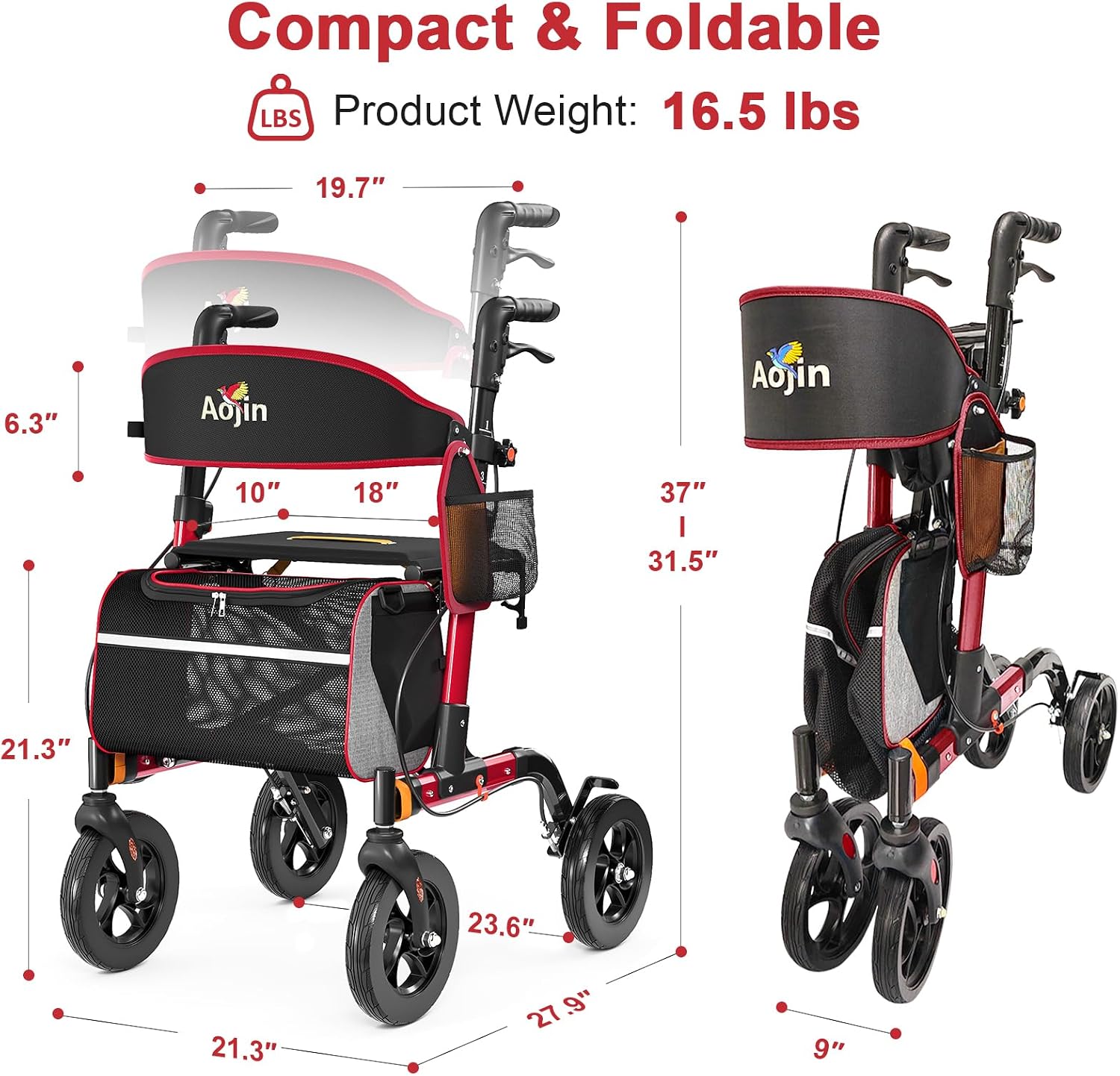 Walkers for Seniors, Rollator Walker with Seat, 350 lb Weight Capacity, 18' Big Seat, 8' All-Terrain Wheels, 6-Level Adjustable Height, Lightweight Aluminum Frame Rollator Walkers for Seniors (Red)