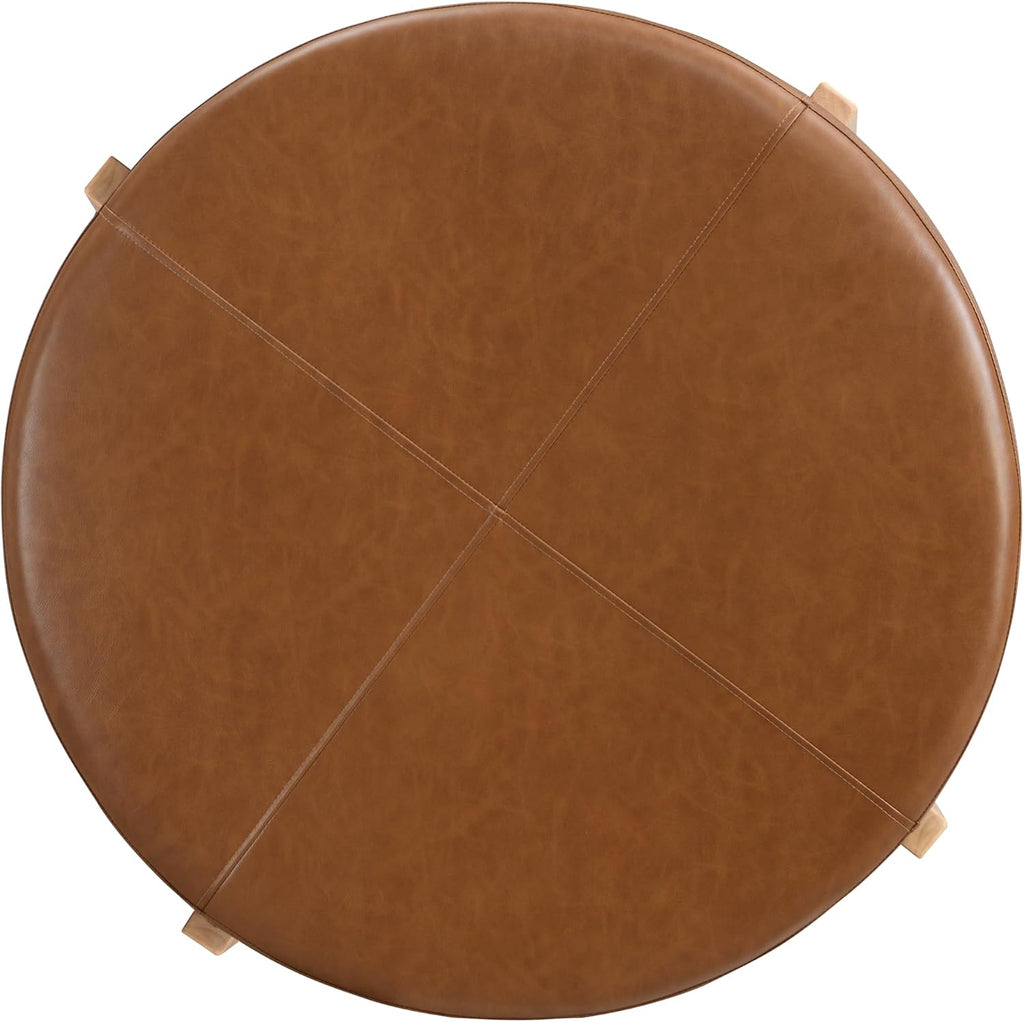 Merax 34'' Cocktail Round Ottoman, Modern Ottoman Coffee Table with Removable Top，Leather Ottoman for Living Room, Bedroom, Office,Brown