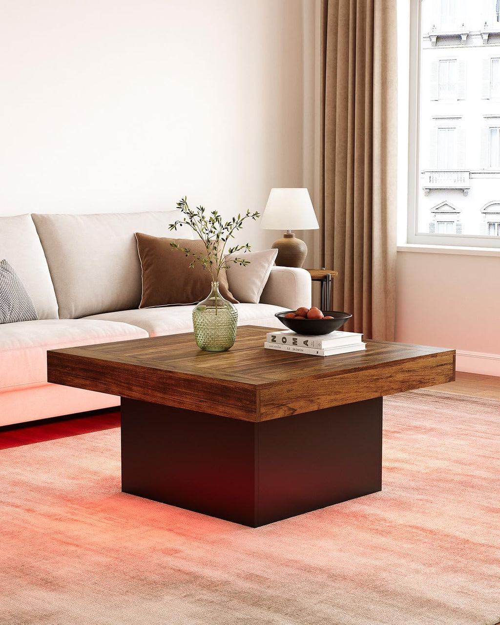 LITTLE TREE Square Coffee Table with LED Lights, 35-inch Living Room Tables, Modern Coffee Tables for Living Room, Brown and Black Wooden Center Table Cocktail Table for Home