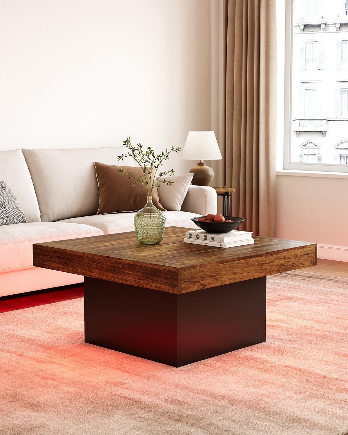 LITTLE TREE Square Coffee Table with LED Lights, 35-inch Living Room Tables, Modern Coffee Tables for Living Room, Brown and Black Wooden Center Table Cocktail Table for Home