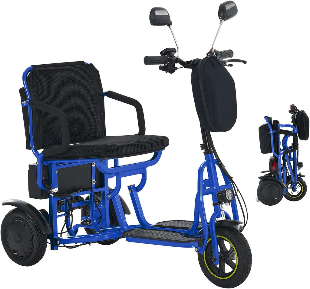 3-Wheel Folding Mobility Scooter Foldable Lightweight Electric Scooter for Adults & Seniors, Detachable Lithium Battery, Long Range 28 Miles, 3-Speed, with Rearview Mirror & Turn Signal (Blue)