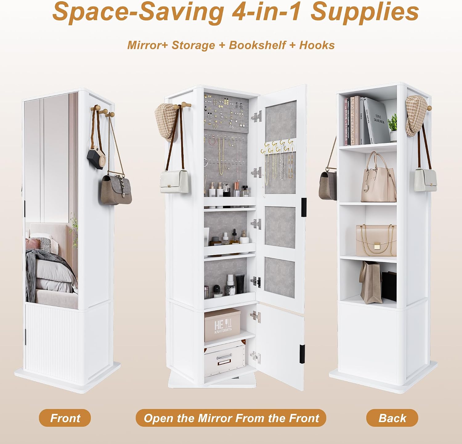 360 Rotating Jewelry Armoire with Full Length Mirror, Freestanding Vanity Organizer, 4 Tier Bookshelf, Hidden Cosmetic Cabinet, Side Hooks, Bedroom Entryway Space Saving Display Tower (White)