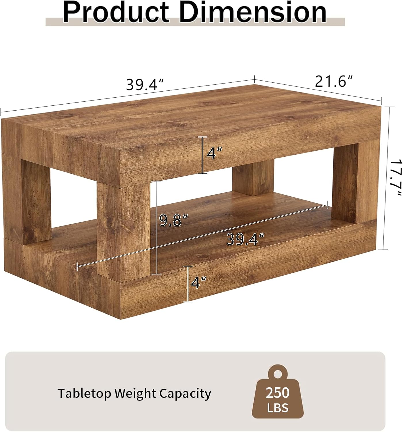 LKTART 39.37' Coffee Table with Storage, 2-Tier Mid Century Rectangular Accent Table with Thick Tabletop, Rustic Style Cocktail, Center Table for Living Room, Office, Apartment (Natural Wood)