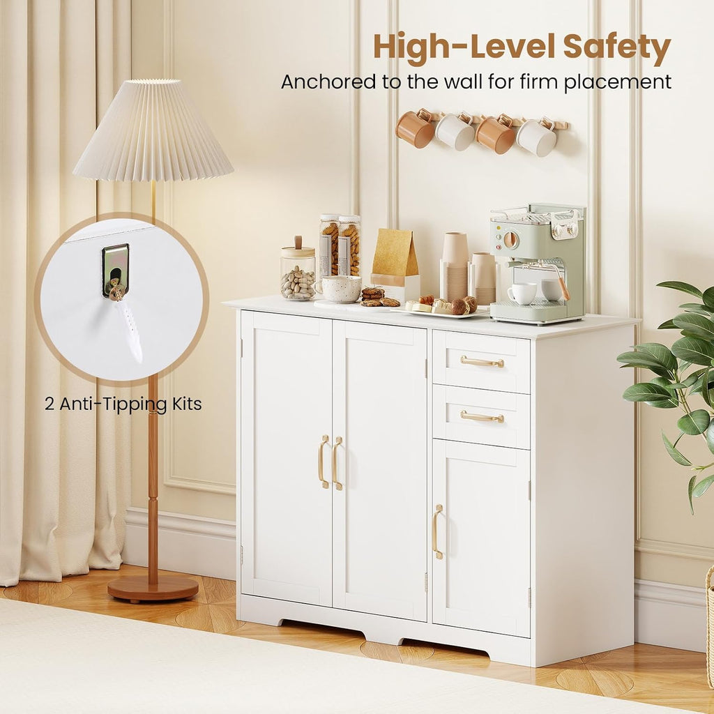 Giantex Sideboard Buffet Cabinet, Modern White Sideboard Cabinet with 2 Drawers, 3 Doors & Adjustable Shelf, Wooden Coffee Station, 40'' Storage Buffet Table for Kitchen, Living Room, Entryway