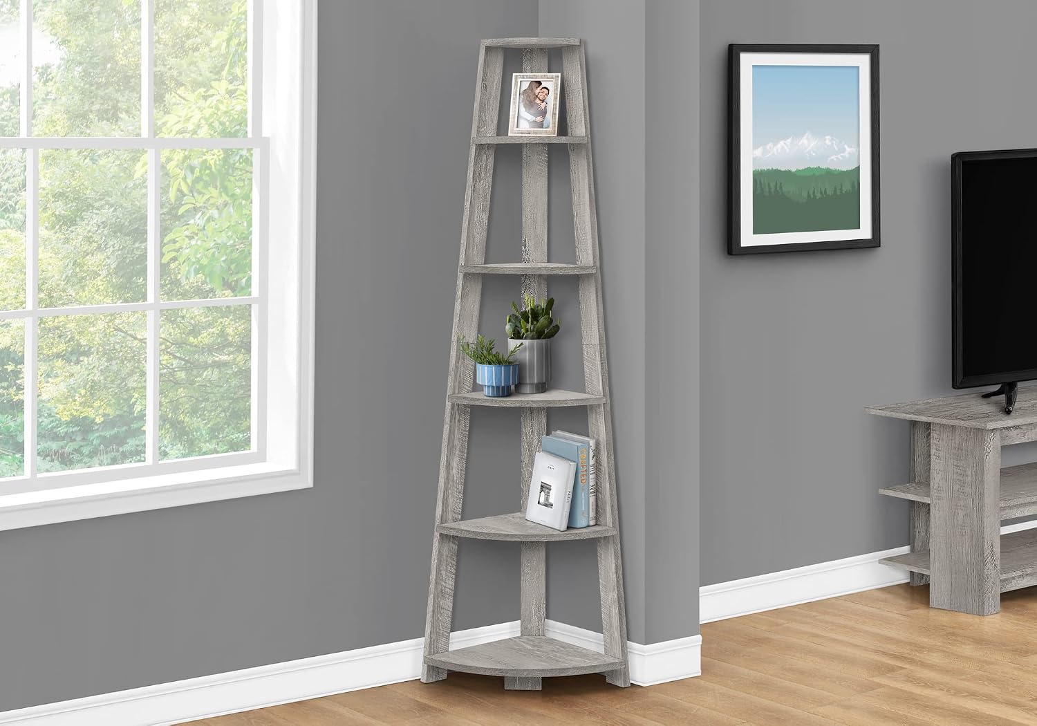 Bookshelf, Bookcase, Etagere, Corner, 5 Tier, 72' h, Office, Bedroom, Grey Laminate,