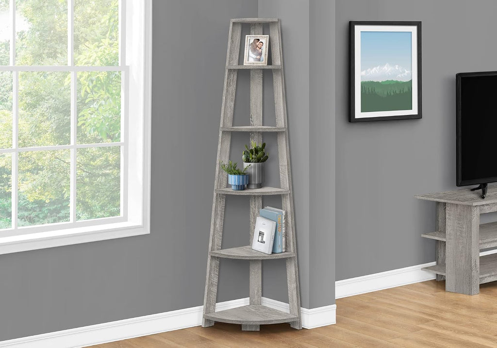 Bookshelf, Bookcase, Etagere, Corner, 5 Tier, 72' h, Office, Bedroom, Grey Laminate,
