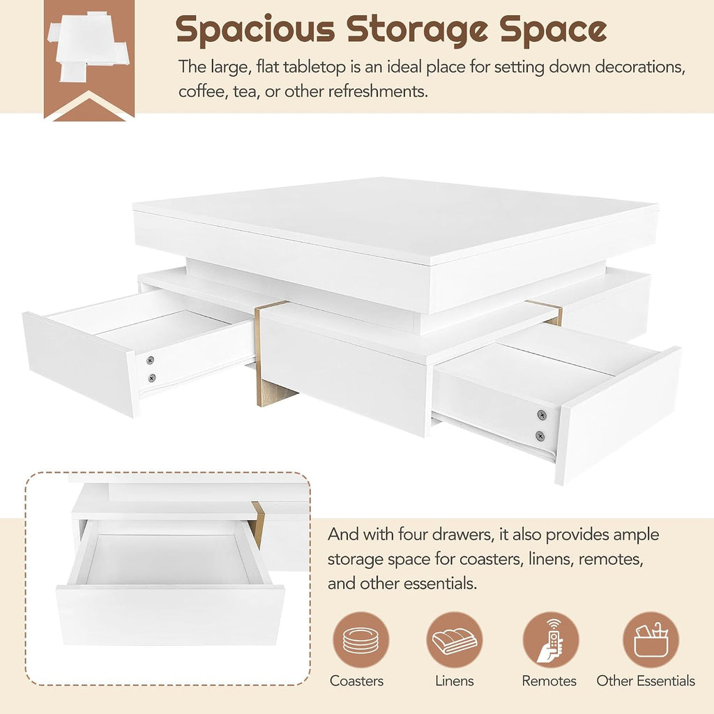 Modern Coffee Table with Storage, Contemporary Square Coffee Table with Drawers, High Gloss Modern Center Table for Living Room, Reception Room, Office, White, 31' D X 31' W X 11' H