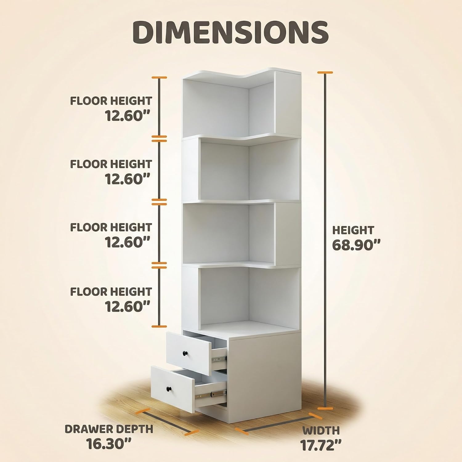 4 Tier Corner Bookshelf with Drawers, L Shaped Freestanding Corner Bookcase with LED Lights and Baffle, Space Saving Display Shelf for Living Room, Bedroom, Home Office, Kitchen(White)