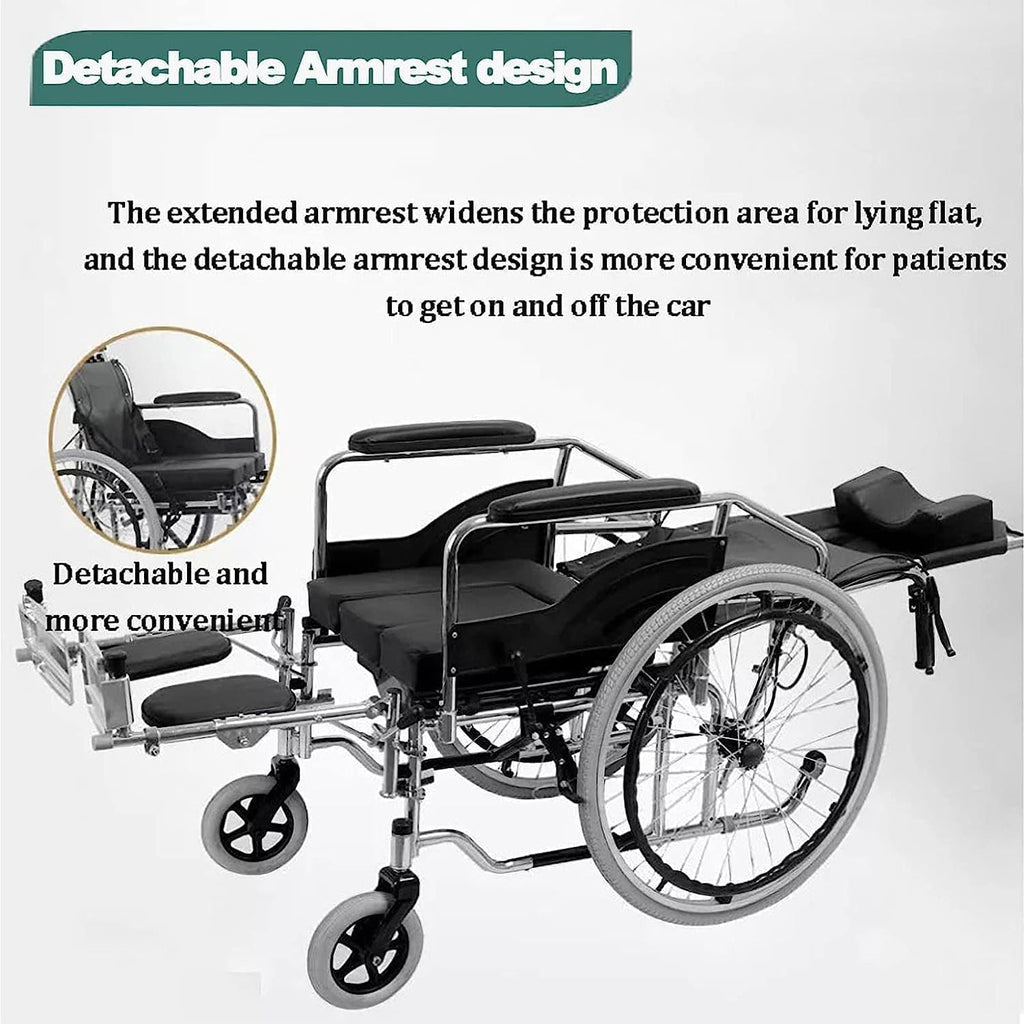Fully Reclining Wheelchair 6 in 1 Multifunctional Folding Manual Wheelchair Commode W/Headrest High Back Bathroom Wheelchair Scooter for Seniors,220lbs Driving Trolley