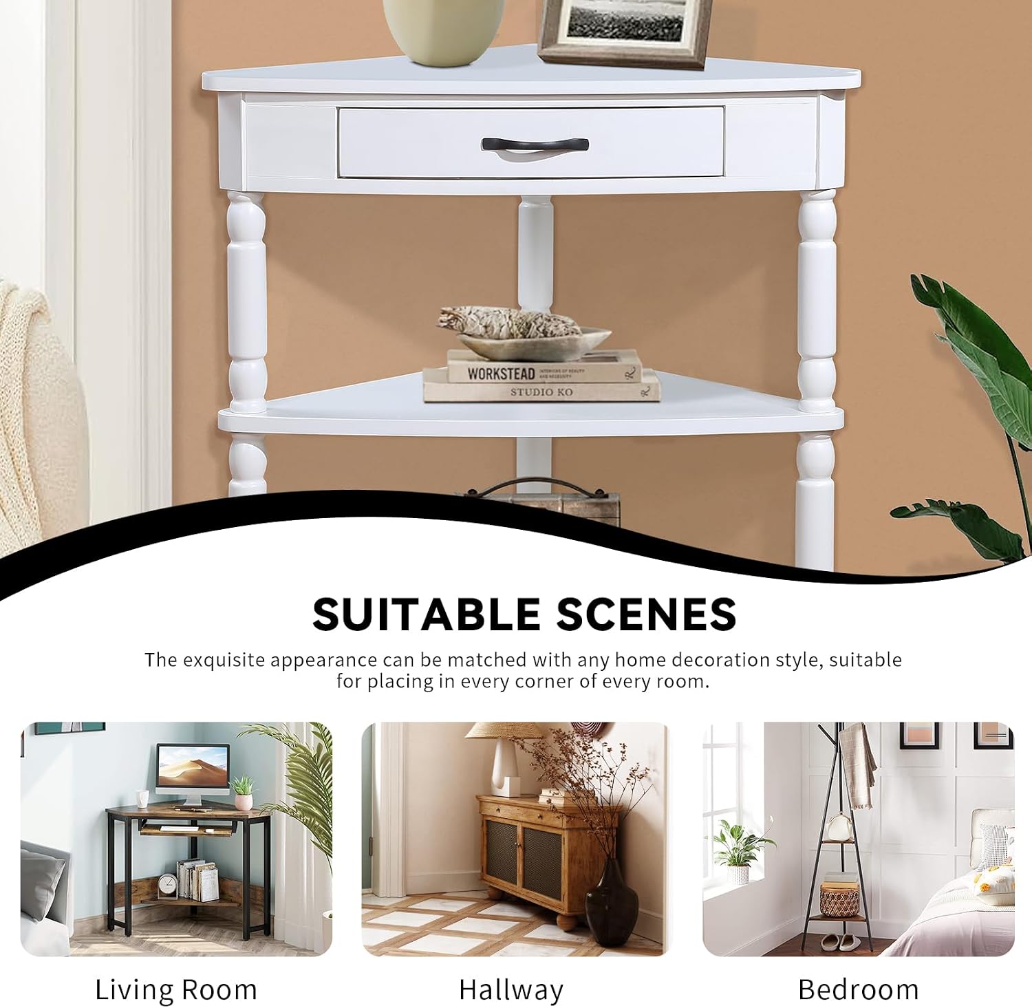 33.86' Corner Table, Wood 3 Tier Triangle Side Table Corner Shelf Stand with Solid Wood Legs 1 Drawer & 2 Storage Shelves for Living Room Small Space (Milk White)
