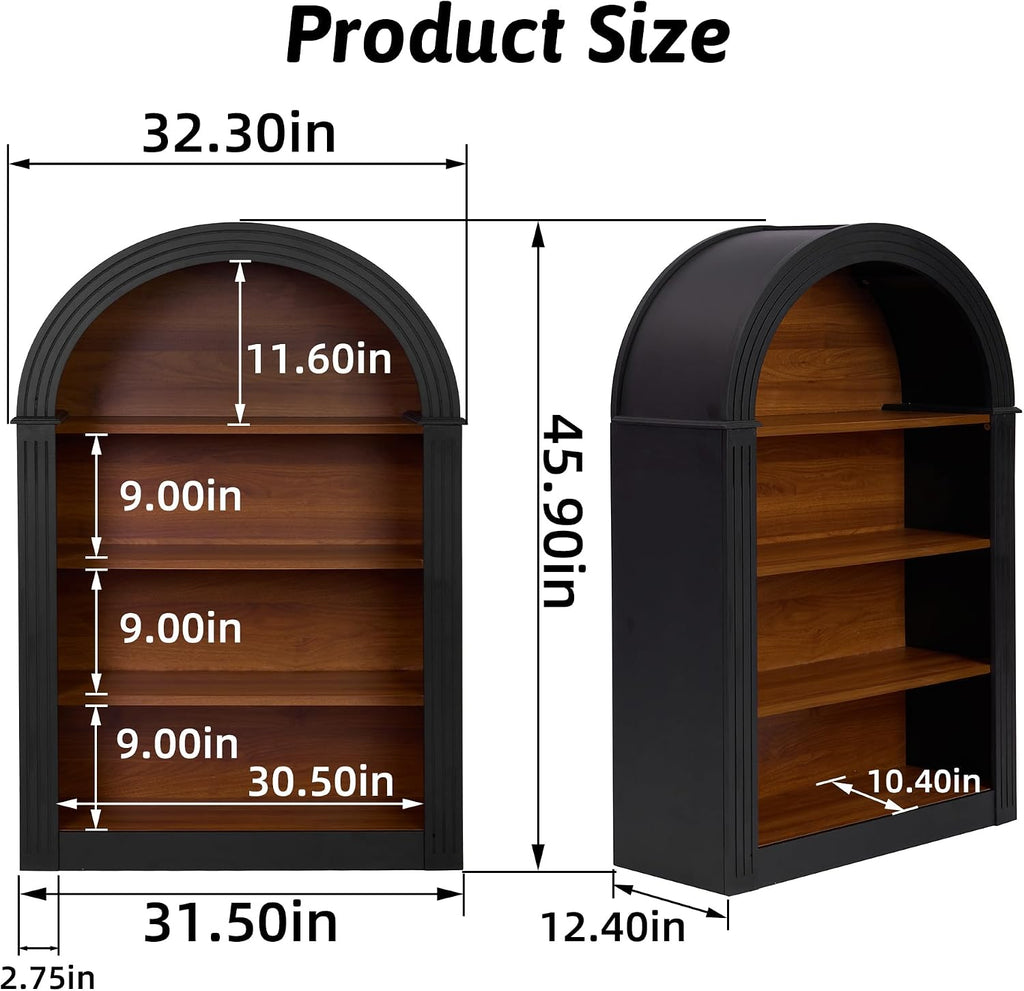 Black Arched Bookcase,Short Wide Bookshelf,Short Corner Bookshelf,Arched Display Cabinet with Open Shelf for Bedroom, Living Room