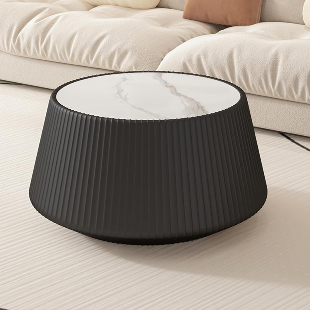 Round Coffee Table Set with Sintered Stone Tabletop, 26.77' Black Drum Center Table and 19.68' Black Coffee Table Set, 2 Pieces Living Room Table Set with Fluted PU Leather Cover& Stable Base
