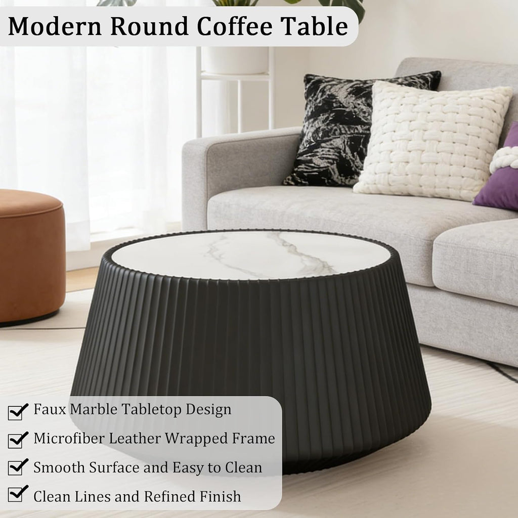 Round Coffee Table Set with Sintered Stone Tabletop, 26.77' Black Drum Center Table and 19.68' White Coffee Table Set, 2 Pieces Living Room Table Set with Fluted PU Leather Cover& Stable Base