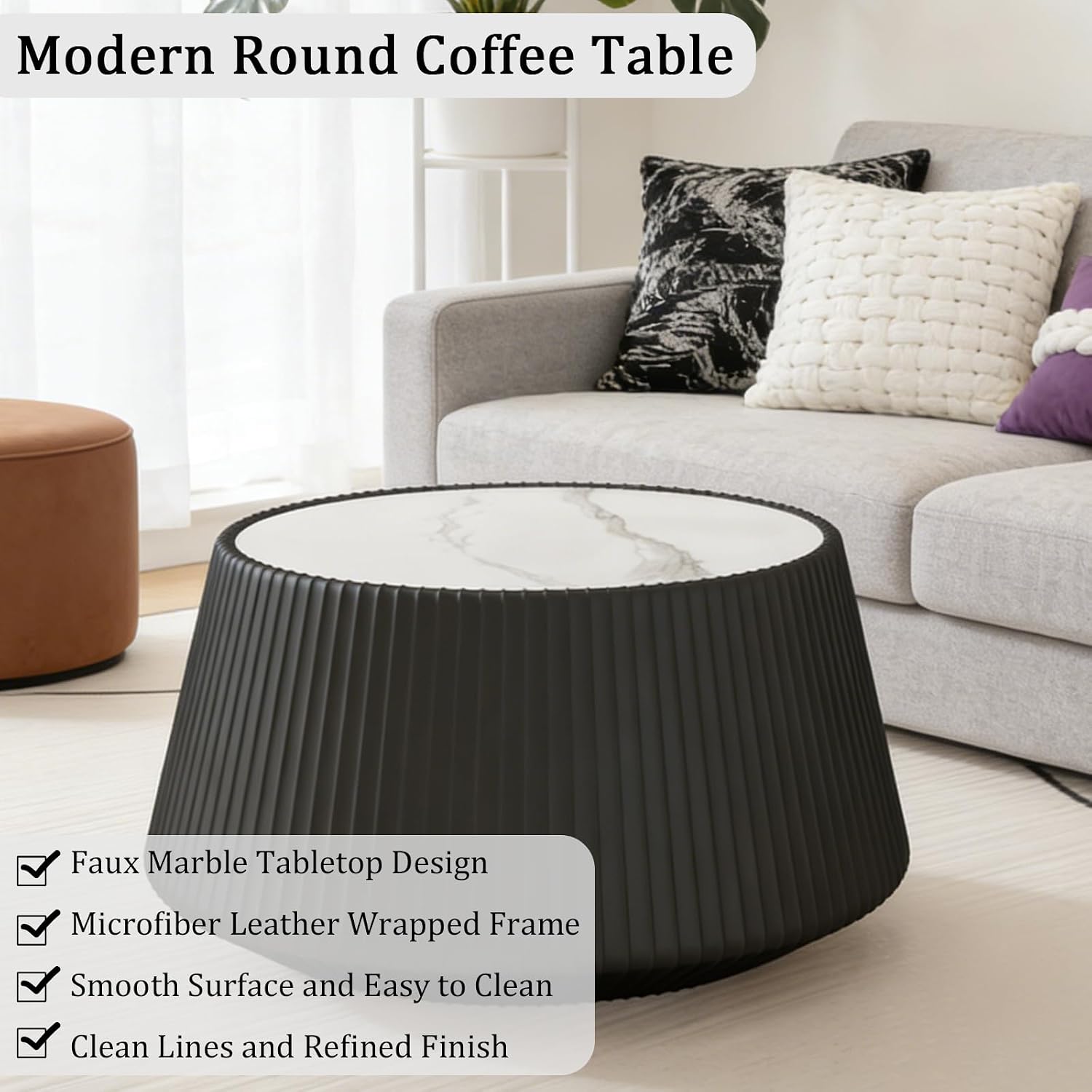 Round Coffee Table Set with Sintered Stone Tabletop, 26.77' Black Drum Center Table and 19.68' White Coffee Table Set, 2 Pieces Living Room Table Set with Fluted PU Leather Cover& Stable Base