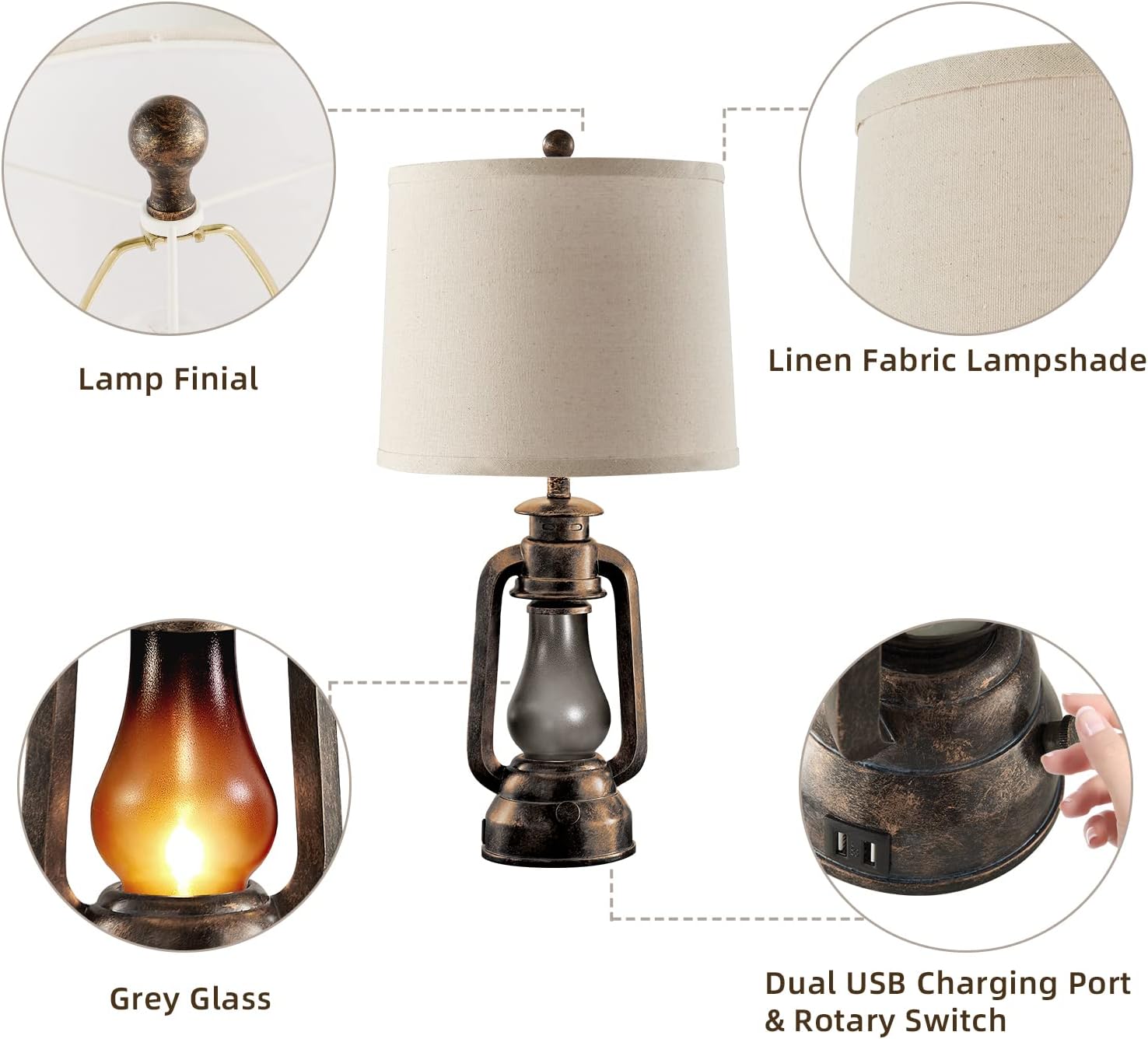 Farmhouse Rustic Table Lamps for Bedroom Set of 2, Vintage Lantern Lamp with Dual USB Charging Ports,25' Retro Antique Bedside Nightstand Desk Lamp for Living Room End Table Entryway, 4 Bulb Included