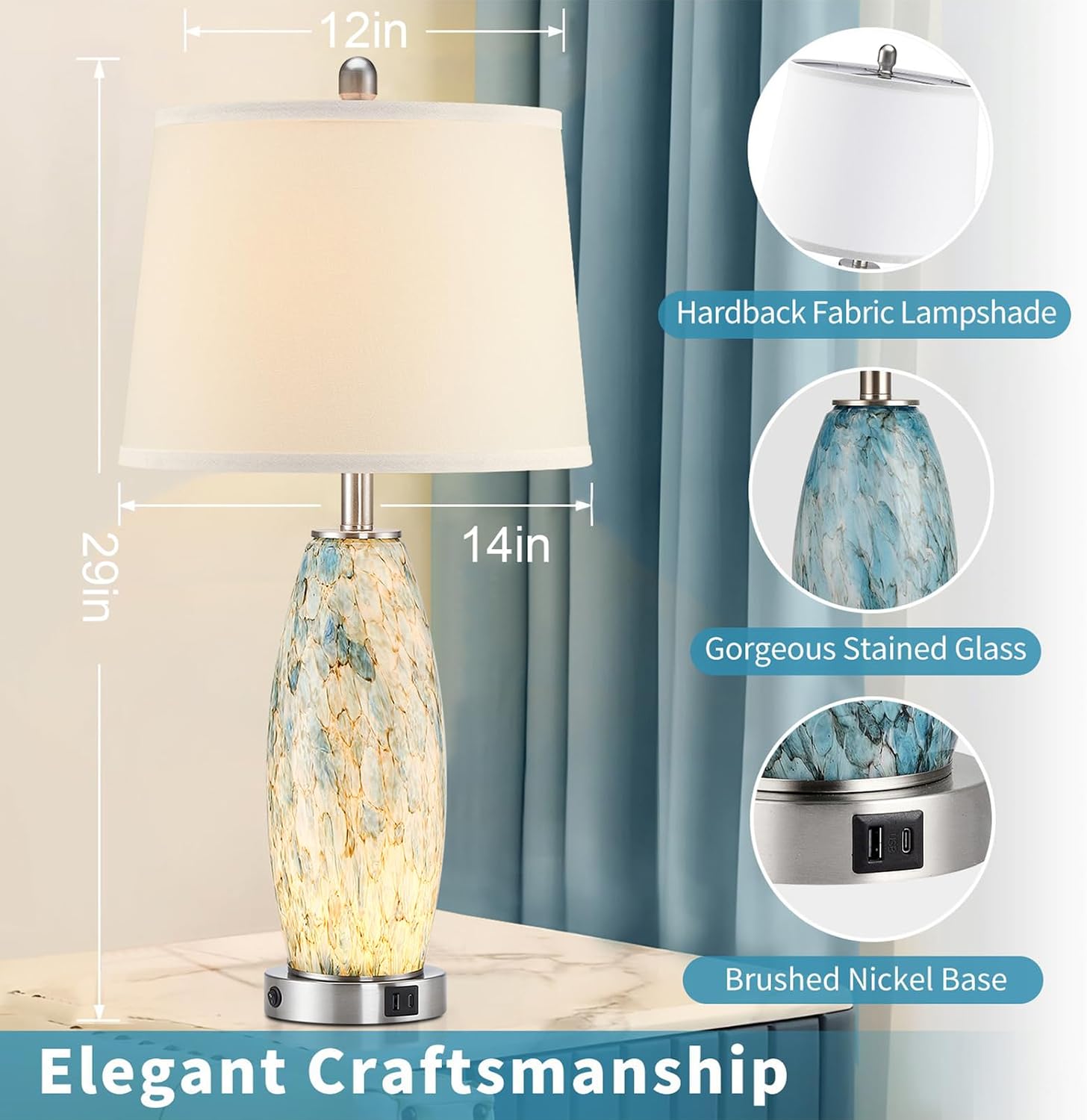 29' Tall Table Lamps Set of 2, Large Modern Lamps for Bedroom with Nightlight, Coastal Bedside Lamps with USB C+A, Glass Nightstand Table Lamps for Living Room, Bulbs Included