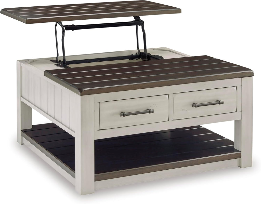 Signature Design by Ashley Darborn Farmhouse Lift-Top Coffee Table with Drawers, Lower Shelf and Casters, Light Gray & Dark Brown