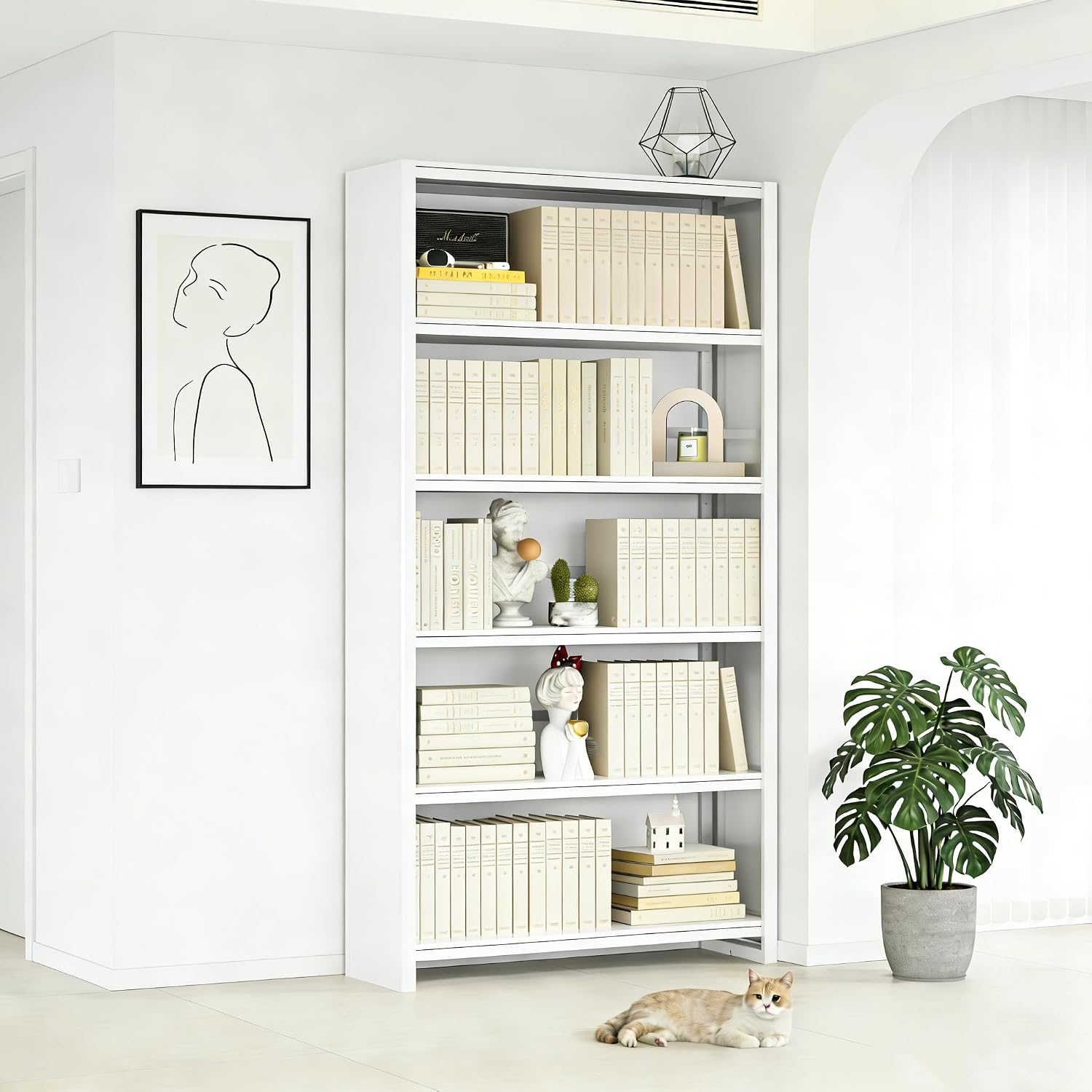 VASAAOSD 5 Tier Book Shelf, 69.3' Tall White Bookshelves, Open Metal Bookshelf, Toolless Assembly White Shelves for Home Office, Living Room, Study