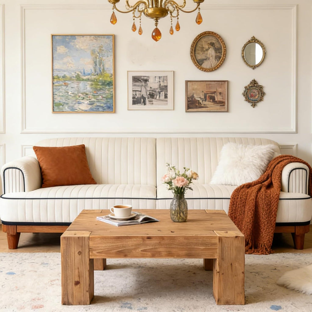SSLine Solid Wood Coffee Table 39.4-Inch Square Coffee Table for Living Room,Farmhouse Cocktail Center Tables with Thicken Top and Sturdy Legs,Walnut