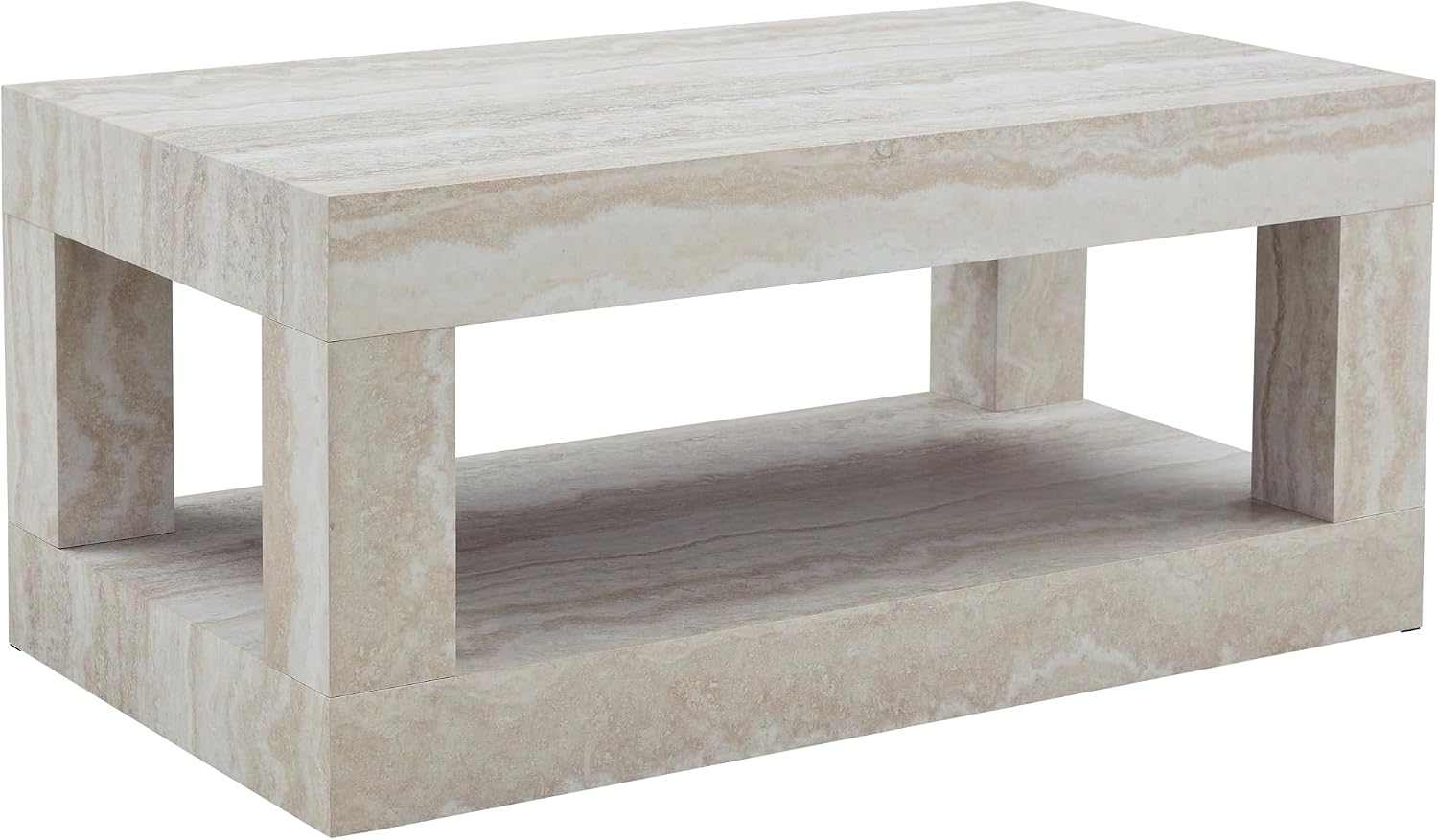 39.4' Faux Mars Coffee Table with Storage, 2-Tier Travertine Coffee Table with Thick Tabletop, Mid Century Travertine Cocktail Center Tea Tables with Bottom Shelf for Living Room, Office, Apartment