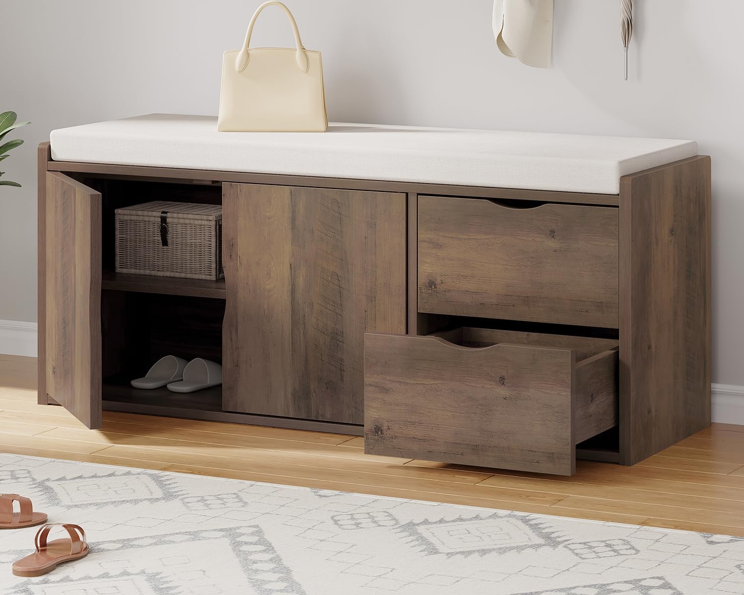 LVB Entryway Bench with Storage, 40' Storage Bench with Padded Cushioned Seat, Farmhouse Shoe Bench with 2 Drawers Cabinet Shelf, Industrial Wood Shoe Rack Bench for Living Bedroom，Rustic Oak, 40in