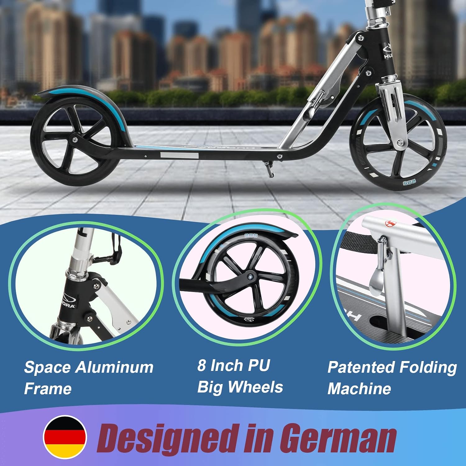 HUDORA Adjustable Height Folding Scooter for Kids, Blue, 8 Inch Big Wheels