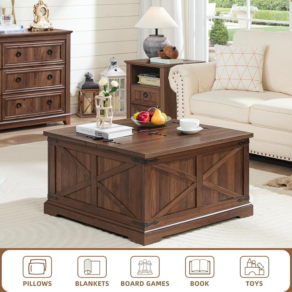 Joaxswe Farmhouse Coffee Table with Large Hidden Storage Compartment, Brown Retro Square Center Table, Wood Rustic Low Modern Living Room Tables with Hinged Lift Brown Top & Wooden Arc Base