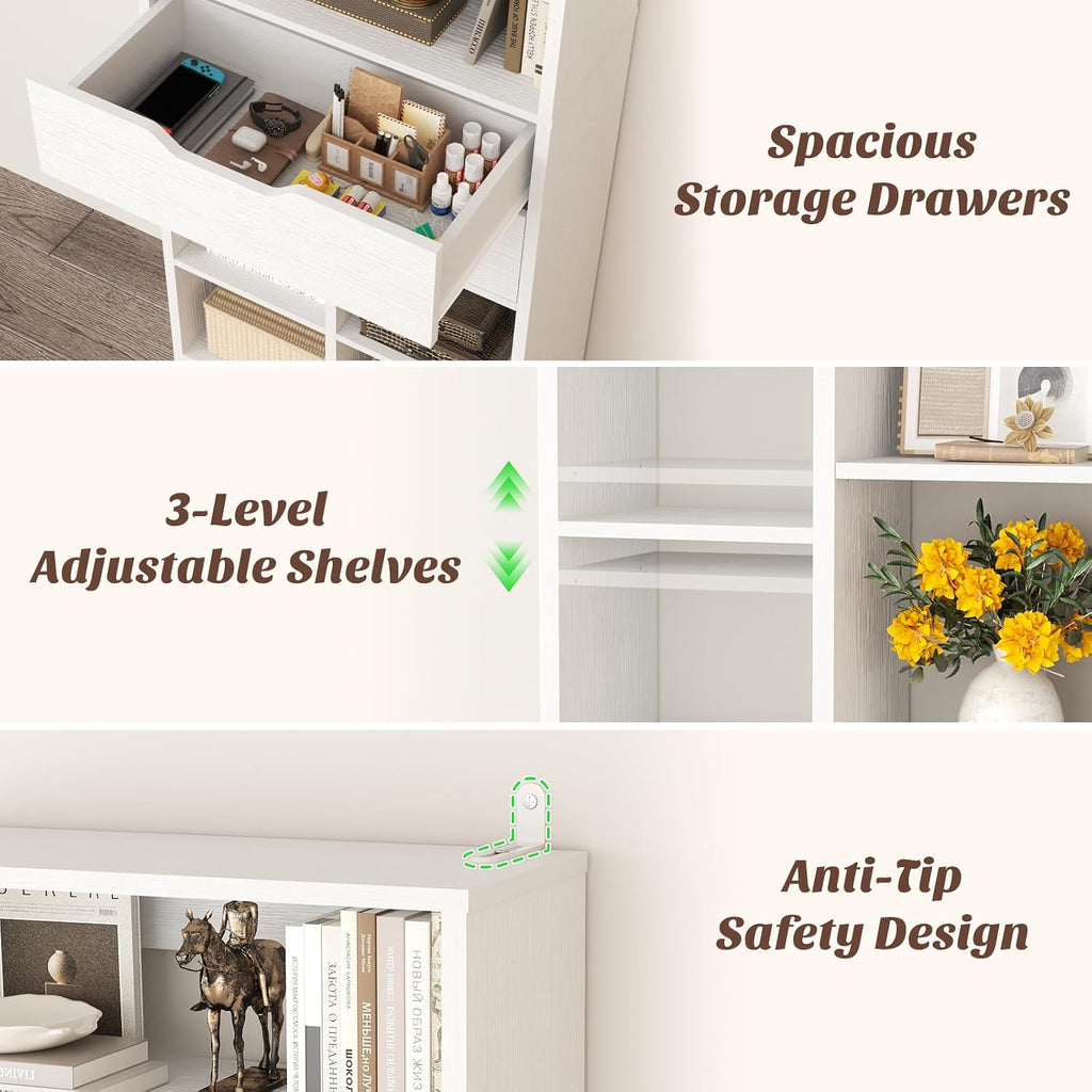 Armocity 9-Tier Tall Bookshelf with 2 Drawers, 79.7' Narrow Freestanding Bookcase, Space-Saving Wood Display Shelves Storage for Living Room, Home Office Bedroom, White