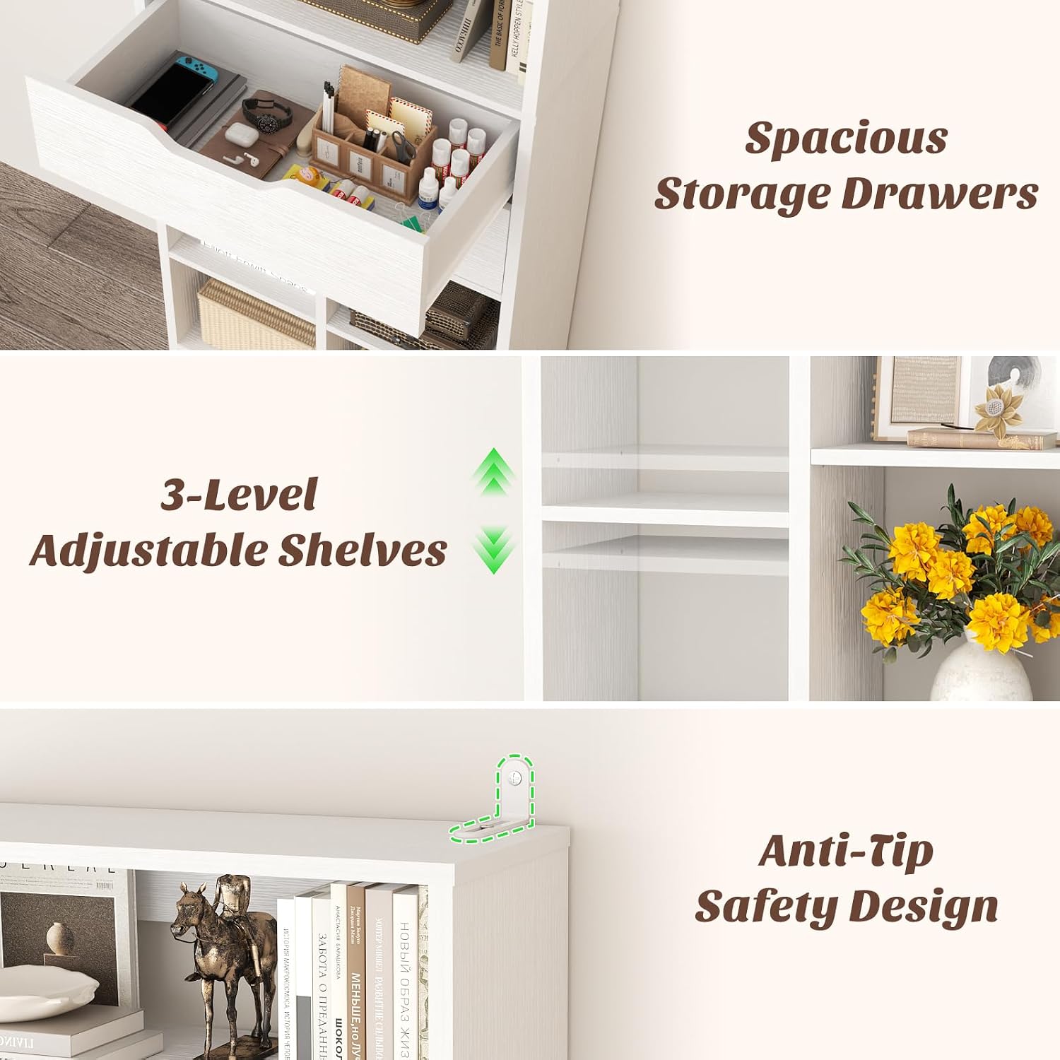 Armocity 9-Tier Tall Bookshelf with 2 Drawers, 79.7' Narrow Freestanding Bookcase, Space-Saving Wood Display Shelves Storage for Living Room, Home Office Bedroom, White