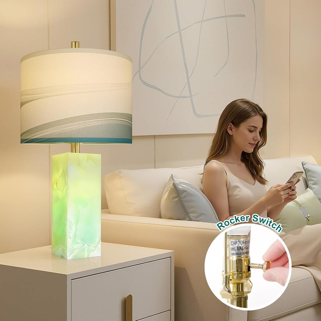 Scenekoy 23' Alabaster Table Lamp Set of 2 with Night Light for Bedroom Living Room, Rotary Switch, Blue Table Lamp with Linen Shade, Modern Nightstand Lamps for Room Bedside Bedroom (Bulb Included)
