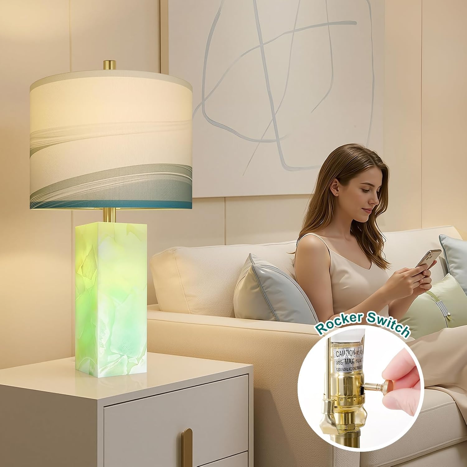 Scenekoy 23' Alabaster Table Lamp Set of 2 with Night Light for Bedroom Living Room, Rotary Switch, Blue Table Lamp with Linen Shade, Modern Nightstand Lamps for Room Bedside Bedroom (Bulb Included)