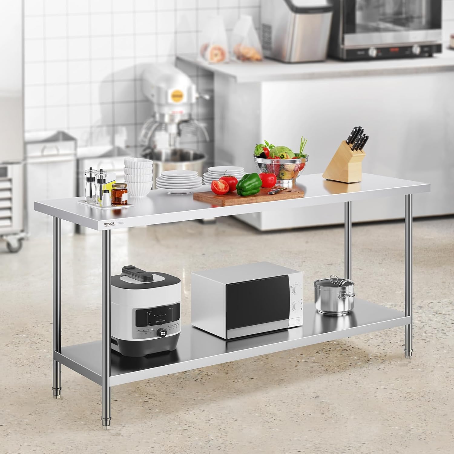 VEVOR Stainless Steel Prep Table, 24 x 72 x 34 Inch, 880 lbs Load Capacity, Heavy Duty Metal Worktable with 3 Adjustable Height Levels, Commercial Workstation for Kitchen Garage Restaurant Backyard
