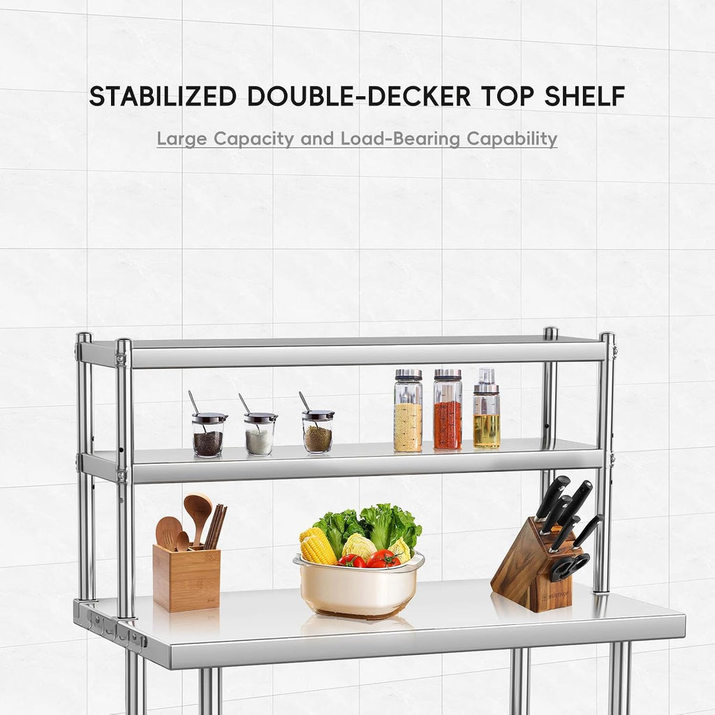 Garvee 48x24 in NSF Stainless Steel Prep Table with Adjustable Overshelves & Hooks – Commercial Kitchen Island for Restaurant, Home & Hotel, Heavy-Duty Workbench with Rust-Resistant Coating