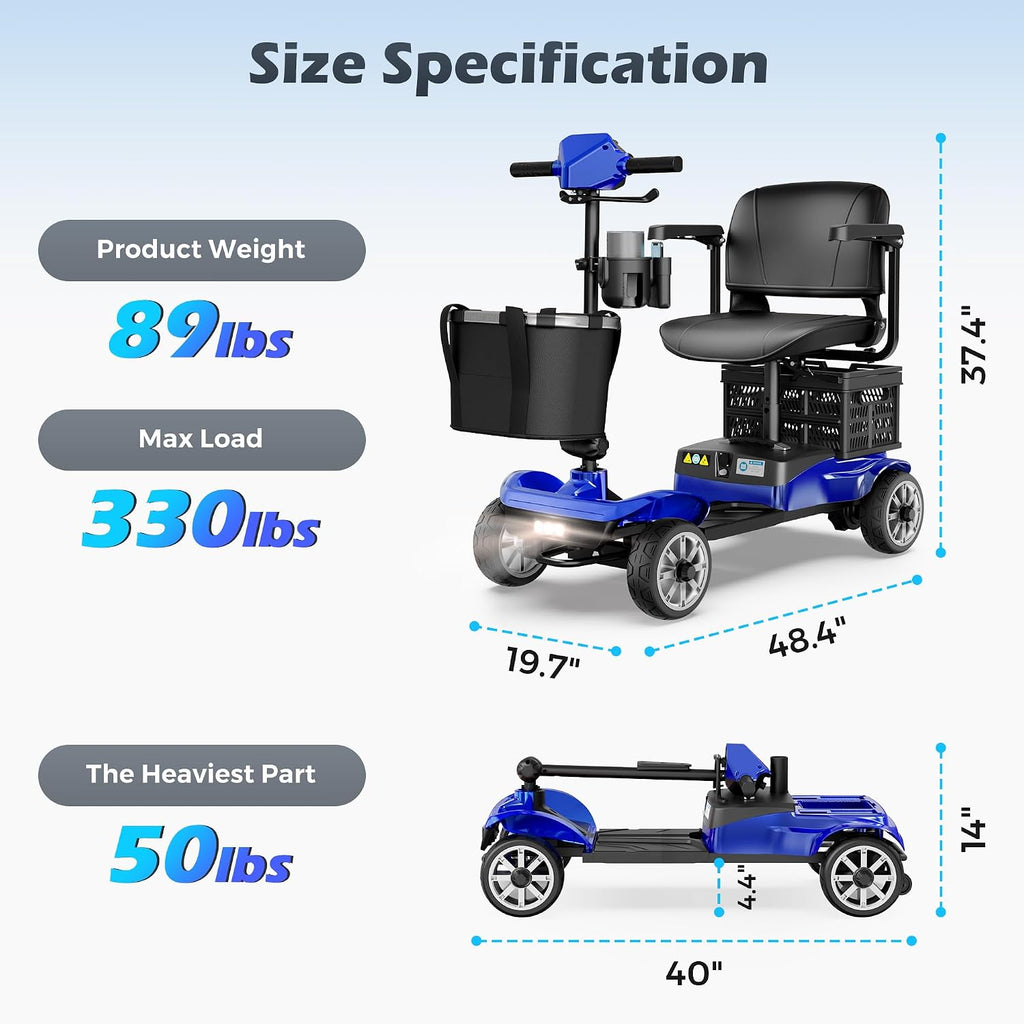 Mobility Scooter for Adults & Seniors with Removable Battery, Cruise & Airport Approved, Foldable Motorized Scooters with Dual Basket, Phone & Cup Holder, Blue