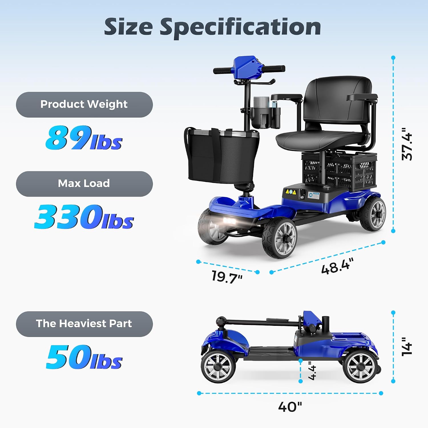 Mobility Scooter for Adults & Seniors with Removable Battery, Cruise & Airport Approved, Foldable Motorized Scooters with Dual Basket, Phone & Cup Holder, Blue